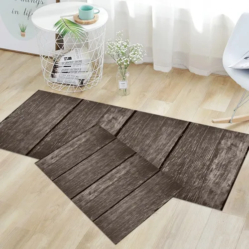 Vista 35 de GUBIYU Juego de 2 alfombras y tapetes de cocina de madera campestre, lavables, rústicas, tablones de madera marrón, alfombras de baño