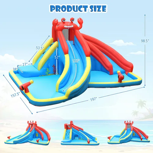 Vista 4 de BOUNTECH - Tobogán acuático inflable, parque acuático 7 en 1 para niños y adultos, diversión al aire libre con doble tobogán largo, soplador de 950