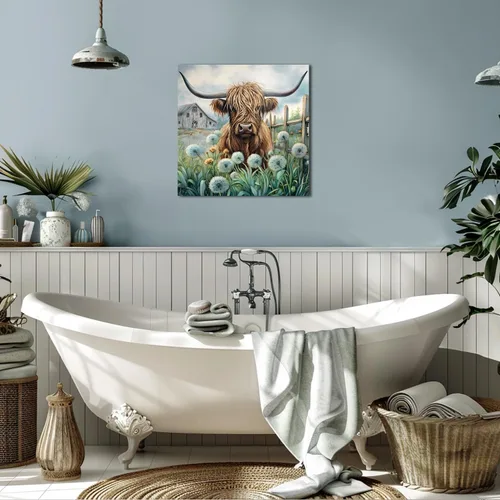 Vista 2 de YUEYARIT Decoración de pared de vaca de las tierras altas de granja en verde azulado y marrón: imagen rústica de vaca y diente de león, impresión