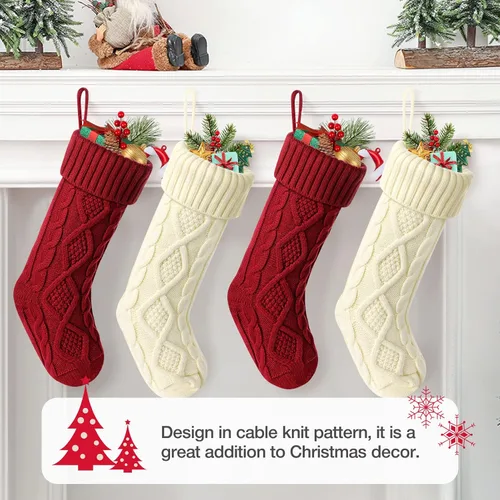 Vista 6 de Hommtina Medias de Navidad, medias de Navidad personalizadas de 18 pulgadas, de gran tamaño, punto trenzado, regalos (4 unidades, blanco y rojo)