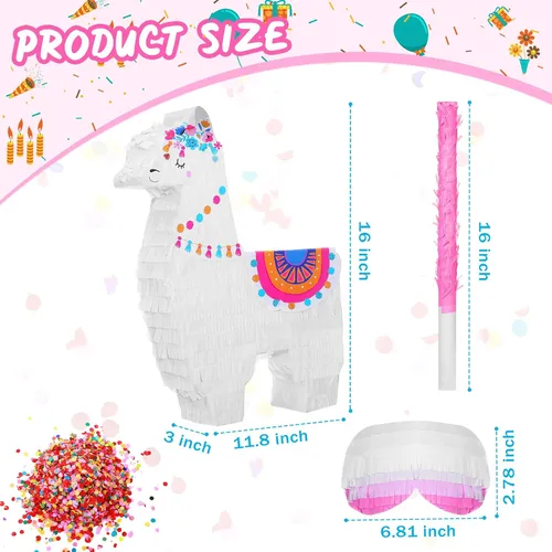 Vista 2 de Wettarn Fiesta de piñata de llama para suministros de fiesta mexicana, incluye palo de piñata y venda, confeti para celebraciones de cumpleaños