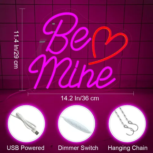Vista 2 de Letrero de neón con forma de corazón de San Valentín con texto en inglés «Be Mine», 14.2 x 11.4 pulgadas, decoración de San Valentín, letrero