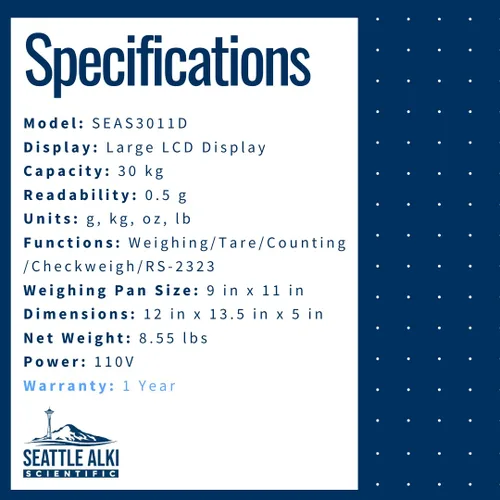 Vista 6 de Seattle Alki Counting Scale 66.1 lbs x 0.02 oz USA Company Balanza industrial para piezas pequeñas. Unidades: g, libras, oz, kg.