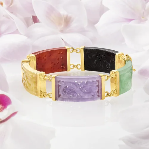 Vista 4 de Ross-Simons Pulsera de dragón de jade multicolor con oro de 18 quilates sobre ley, Gema, jade