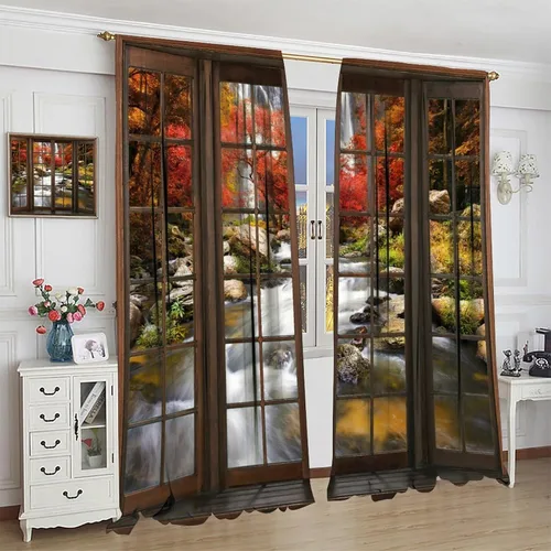 Vista 253 de Cortinas de paisaje, ventana 3D, primavera, bosque, vida silvestre, paisajes de naturaleza, dormitorio, sala de estar, cortinas térmicas opacas de 2