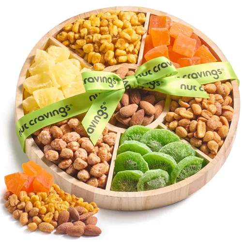 Vista 9 de NUT CRAVINGS - Cesta de regalo con arreglo floral de frutas secas navideñas en cesta de regalo de madera en forma de manzana + bandeja (9 surtido)