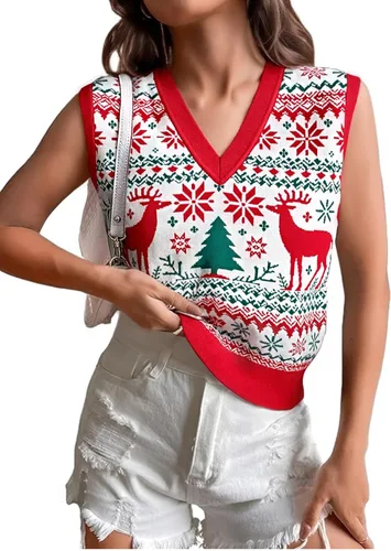 Vista 8 de JULYCLO Chaleco de Suéter Navideño para Mujer, Suéter Feo de Renos Tejidos y Copo de Nieve, Estilo Casual, con Cuello en V, Sin Mangas, Parte Negro