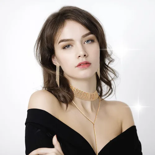 Vista 3 de MTLEE Juego de 6 piezas de joyería de cristal para mujer, gargantilla con capas de diamantes de imitación, collares largos con borlas, pulseras