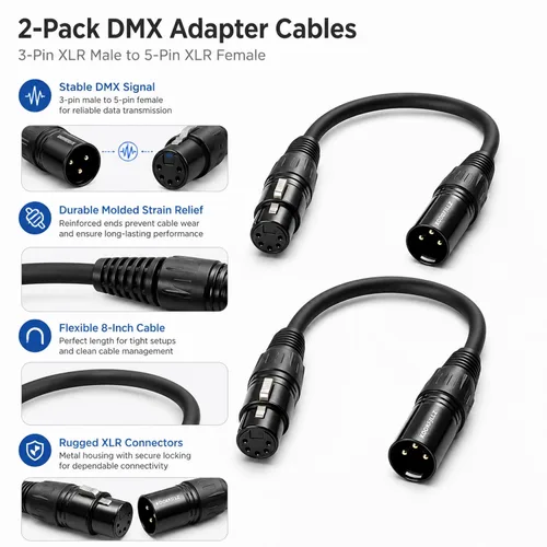 Vista 3 de Cable de iluminación DMX de 3 pines a 5 pines, cable adaptador XLR/DMX de 8 pulgadas, cables de micrófono XLR macho de 3 pines a 5 pines hembra