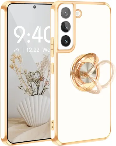 Vista 45 de Fingic Compatible con Samsung Galaxy S22 Funda con Soporte de Anillo, [Soporte de Anillo Giratorio 360° Magnético con Kickstand][Borde Dorado