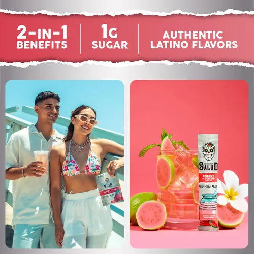 Vista 5 de Salud - Paquete de 2 2 en 1 Energy + Focus (sandía fresa) y energía + enfoque (guayaba) – 15 porciones cada una, mezcla de bebida Agua Fresca, sin
