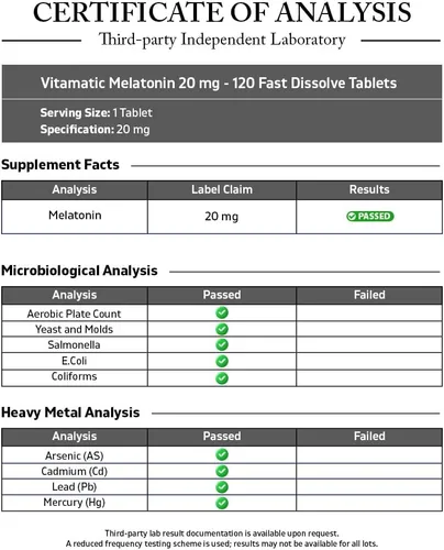 Vista 3 de Vitamatic Tabletas de melatonina de 20 mg – Sabor natural a bayas – 120 tabletas vegetarianas por botella – 6 botellas (total 720)