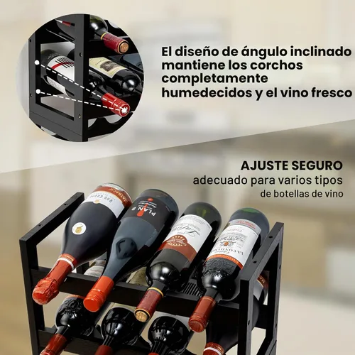 Vista 3 de Estante de vino para 28 botellas, de madera maciza, 7 niveles, con mesa, soporte para botellas sin tambaleo para bodega, cocina, bar, comedor, sala