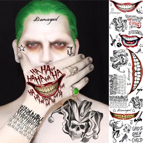Vista 3 de EGMBGM 5 hojas de tatuajes temporales de Joker 3D para hombres, mujeres y adultos, kit de maquillaje de Halloween, payaso fantasma, sonrisa