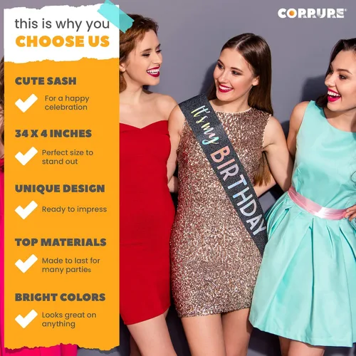 Vista 3 de CORRURE Banda con purpurina «It's My Birthday» con lámina multicolor – Banda de feliz cumpleaños con purpurina negra para mujeres – Suministros