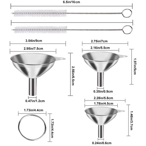Vista 4 de 3 embudo de acero inoxidable de grado alimenticio de metal para cocina con 2 cepillos de limpieza para llenar botellas, transferir líquido, aceite