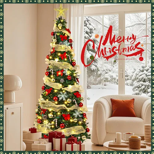Vista 7 de Árbol de Navidad artificial preiluminado de 1,8 m, con control remoto, 150 luces LED cálidas, cinta dorada, fácil de montar, plegable