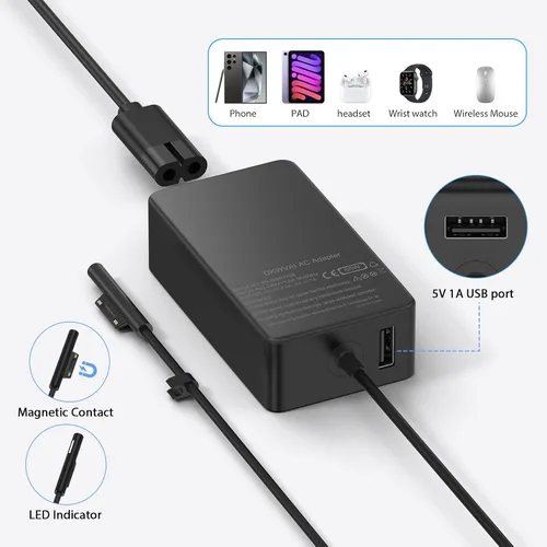 Vista 7 de Cargador Surface Pro de 65 W para Microsoft Surface Pro Charger 10,9, 8, 7+, 7, 6, 5, 4, 3, X, Windows Surface Laptop 5, 4, 3, 2, 1, Studio Surface