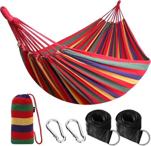 Vista 12 de Anyoo - Hamaca de algodón para jardín, con correas para colgar, hasta 660 libras, hamaca portátil con bolsa de viaje, perfecta para acampar al aire