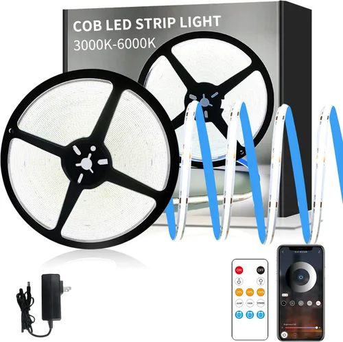 Vista 10 de Tira de luz LED COB de 32.8 pies, color blanco, regulable, CC de 24 V, 6000 K, cinta de luz LED flexible para dormitorio, con control remoto