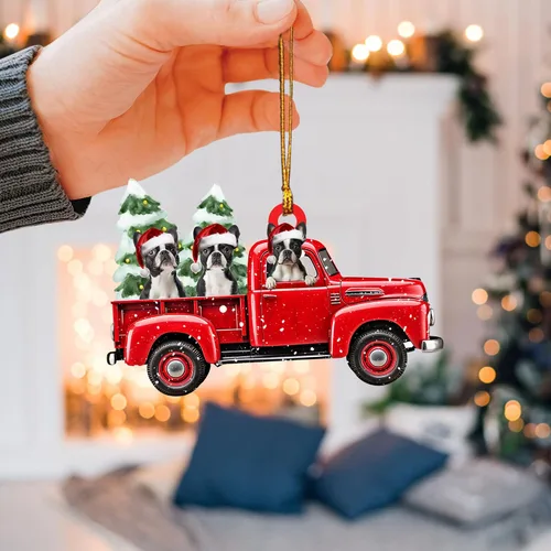 Vista 3 de Talataca Boston Terrier con camión rojo de Navidad, árbol de pino, regalo 2D plano para espejo retrovisor, accesorios para el árbol de Navidad