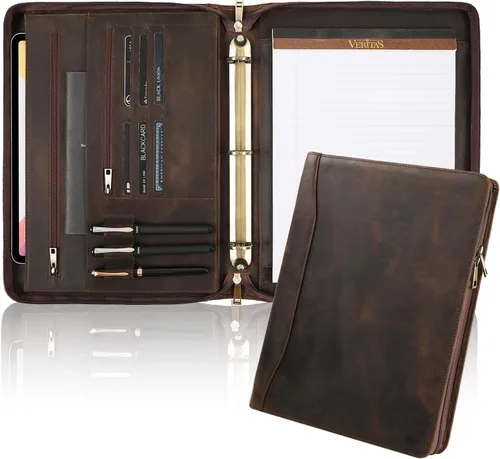 Vista 9 de Cartera de piel auténtica, carpeta de 3 anillas, organizador de padfolio de 11 x 14 pulgadas, carpeta profesional de negocios para hombres y mujeres