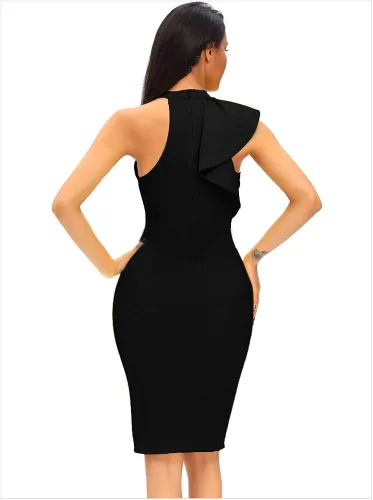 Vista 4 de Vestido de fiesta de cóctel ajustado a la moda con volantes de un hombro sin mangas para mujer