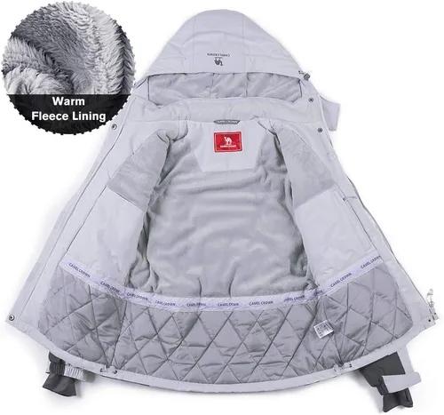 Vista 17 de CAMEL CROWN - Chamarra de esquí para mujer, impermeable, con capucha desmontable, rompevientos, forro polar, parka para lluvia