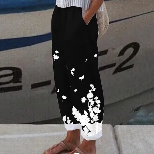 Vista 4 de Pantalones florales de pierna ancha para mujer, talla grande, pantalones de lino de verano, cómodos, casuales, activos, pantalones deportivos