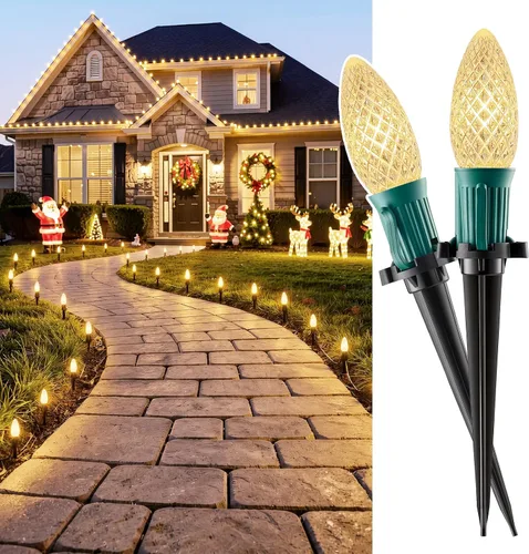 Vista 14 de Luces de cadena LED C9 de Navidad para exteriores, 26 pies, 20 luces LED de sendero de Navidad con 20 estacas de plástico, conectables e Rojo