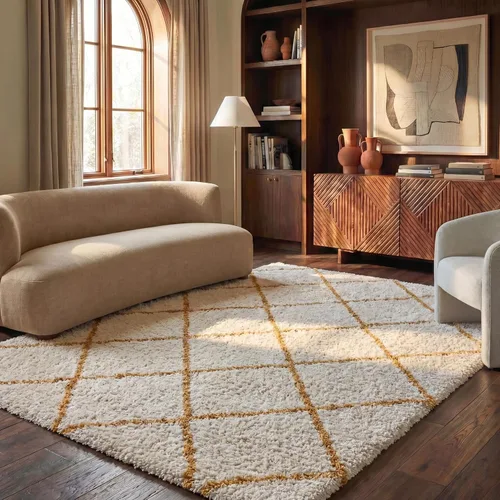 Vista 120 de SAFAVIEH Hudson Shag Collection - Alfombra decorativa de 2 x 3 pies, color beige y marfil, diseño moderno de enrejado, no desprende pelusa