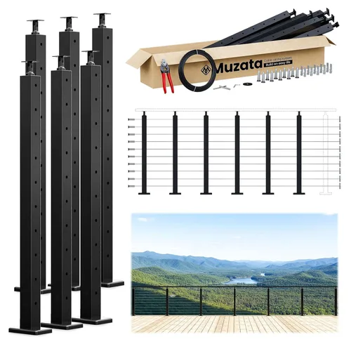 Vista 11 de Muzata Paquete de 4 postes de barandilla de cable negro de 36 pulgadas, 36 x 2 x 2 pulgadas, montaje en superficie perforada de nivel T304, kit