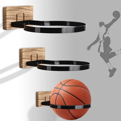 Vista 17 de Soporte de pared para baloncesto VIVTOB, soporte de pared para pelota de 7 pulgadas con base de madera maciza de nogal negro y anillo de metal