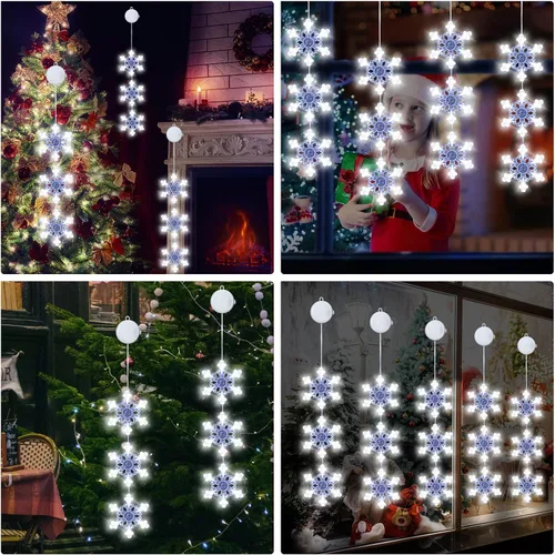 Vista 6 de Decoraciones de Navidad con luces, pack de 3 luces blancas de copo de nieve para ventana, luces de Navidad colgantes, funciona con pilas, decoración