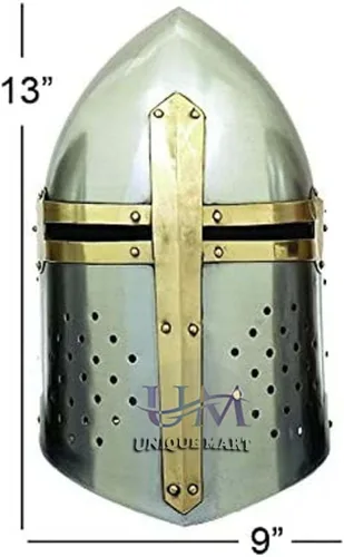 Vista 2 de R.K GLOCAL ENTERPRISES Medieval Armor Replicas Armor Templar Knight Crusader Helmet Knight with Brass Cross Silver Helloween Helmet