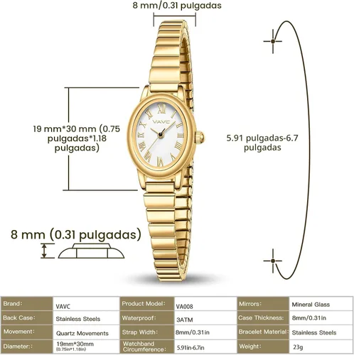 Vista 4 de Relojes pequeños de oro para mujer, reloj analógico para mujer con banda de expansión de acero inoxidable, esfera romana ovalada, resistente al agua