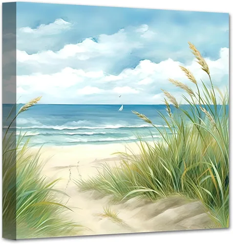 Vista 9 de LZIMU Arte de pared costero, silla de playa junto al mar, impresión en lienzo, pintura relajante de paisaje marino, arte de orilla relajante azul