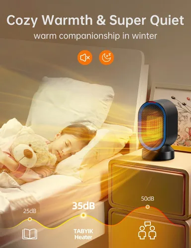 Vista 3 de TABYIK Calentador de espacio eléctrico para uso en interiores, pequeño calentador portátil oscilante de 45°, calentador personal oscilante