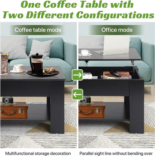 Vista 4 de Mesa de centro elevable con almacenamiento oculto, diseño moderno de elevación de 39.4 pulgadas, escritorio convertible de comedor y portátil