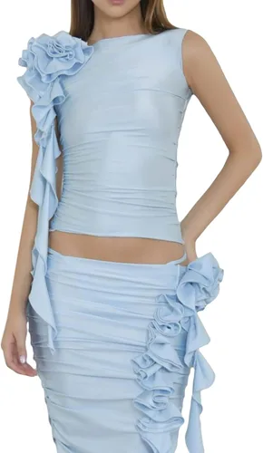 Vista 2 de Camiseta sin mangas sexy floral 3D para mujer, con volantes Y2K, sin espalda, fruncida, top sin mangas, cuello halter, top de ropa de calle