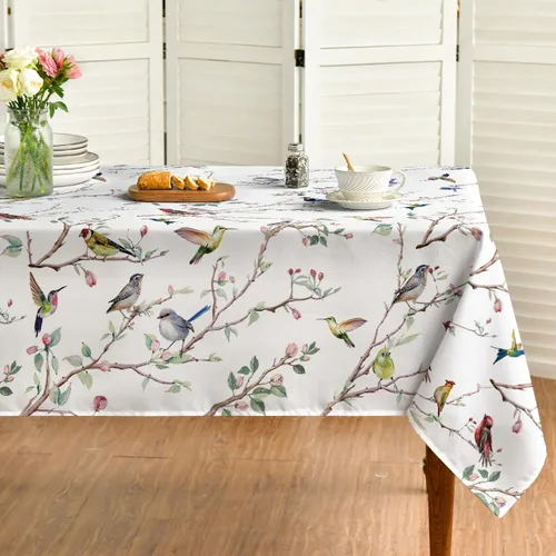 Vista 7 de Horaldaily Mantel de primavera 52×70 pulgadas rectangular, mantel con diseño de pájaros en ramas y flores beige, lavable, mantel de temporada