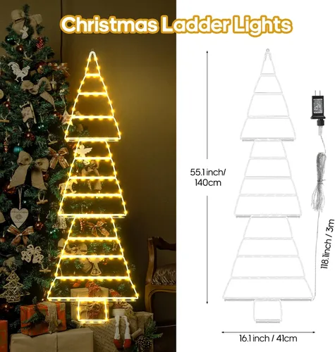 Vista 2 de luces LED de Navidad al aire libre, luces de escalera de 4.6 pies, luz colgante para árbol de Navidad enchufable, impermeable con 8 modos de luz