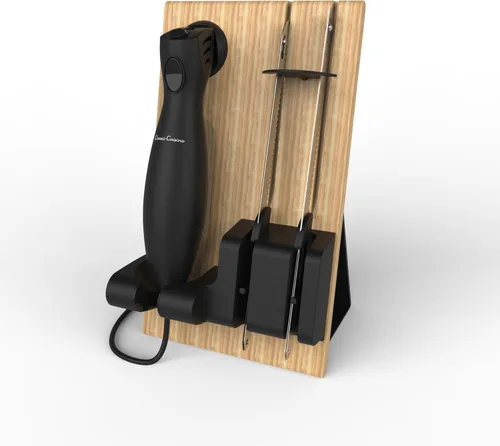 Vista 2 de Juego de cuchillos eléctricos para tallar con 2 cuchillas de acero inoxidable, mango de agarre cómodo y bloque de almacenamiento de madera