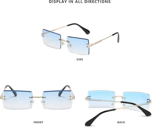 Vista 4 de LASPOR Gafas de sol rectangulares sin montura retro para mujeres y hombres, lentes teñidas de metal dorado, sin marco, gafas cuadradas vintage
