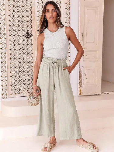 Vista 2 de ANRABESS Pantalones de lino para mujer, estilo casual, holgados, cintura alta, cordón de pierna ancha, pantalones capri palazzo con bolsillos