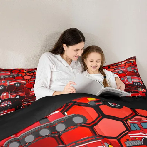 Vista 5 de Erosebridal Juego de edredón de camión de bomberos para niños, juego de ropa de cama de panal rojo brillante con diseño de panal de abeja