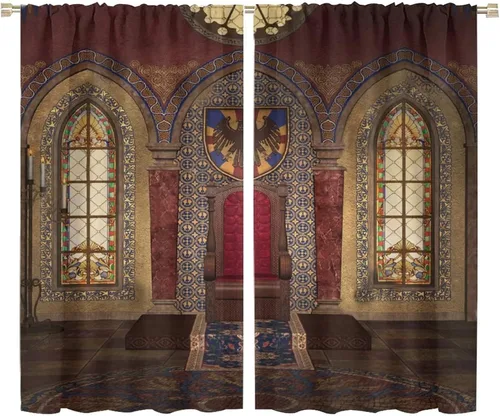 Vista 32 de Cortinas opacas góticas, diseño de calavera de terror de palacio retro, fondo de rosas rojas, sala de estar, dormitorio, cocina, cortinas de ventana