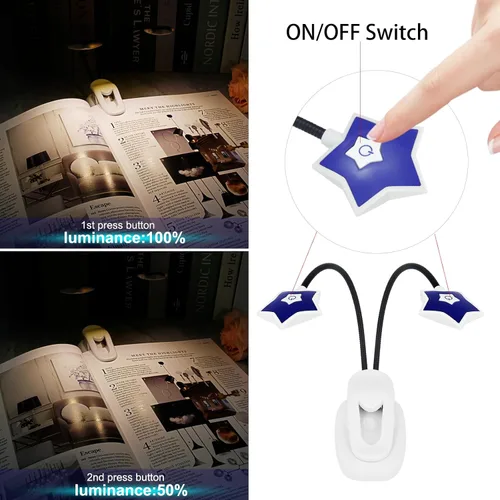 Vista 2 de LUXSWAY Paquete de 2 luces LED de lectura de libros, funciona con pilas, luz de libro para leer en la cama, 2 brillo ajustable para el cuidado
