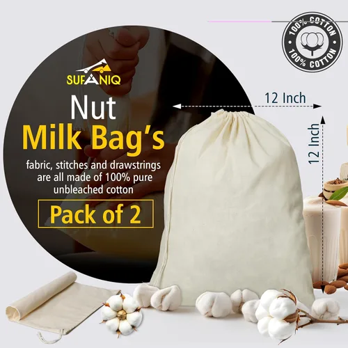 Vista 2 de SUFANIQ - Bolsa de leche de nueces, 2 bolsas (12 x 12 pulgadas), bolsa de tela de queso 100% algodón sin blanquear para colar, bolsa de leche