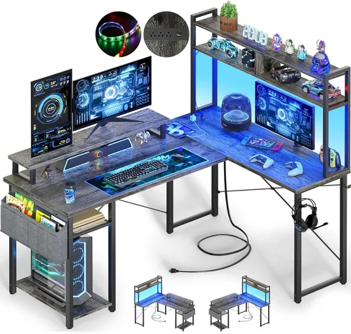 Vista 10 de Besiost Escritorio pequeño en forma de L para juegos con tomas de corriente, escritorio reversible en forma de L de 48" con LED para computadora